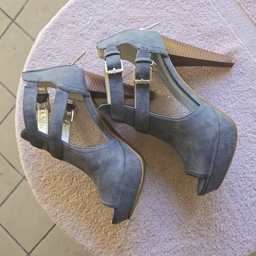 Guess Open Toe Stacked Heel Suede Platform Booties - image 1